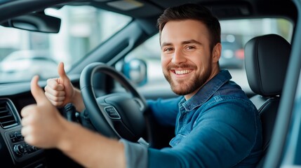 Wall Mural - smiling man showing thumb up while driving car