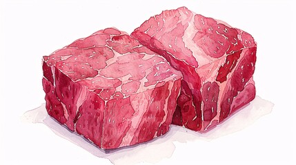 This realistic watercolor painting showcases two thick cuts of raw meat, emphasizing their rich marbled texture and juicy appearance, representing wholesomeness and the art of fine culinary ingredien