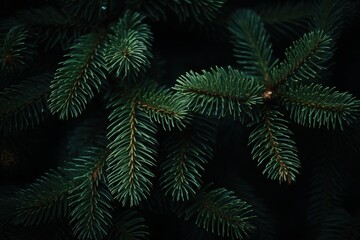 Beautiful Christmas Background with green fir tree brunch close up. Copy space, trendy moody dark toned design for seasonal quotes. Vintage December wallpaper. Natural winter holiday forest backdrop