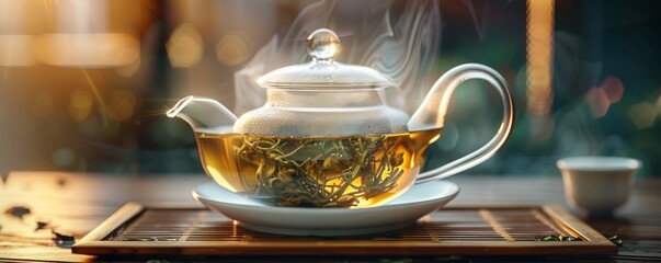 Freshly brewed pot of white tea, 4K hyperrealistic photo