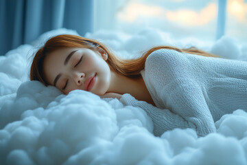 Wall Mural - A Beautiful Woman Sleeping on a Cloud Above a Tranquil Landscape at Sunset.