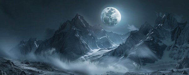 Wall Mural - dramatic mountain range illuminated by the full moon, 4k hyperrealistic photo