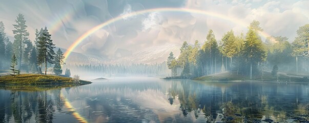 Sticker - Double rainbow reflected in a calm lake after a summer shower, 4K hyperrealistic photo