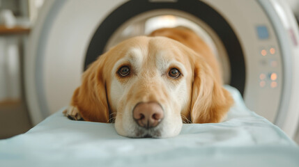 Wall Mural - sad dog undergoing MRI scan in the clinic , sad dog undergoing MRI  at hospital 