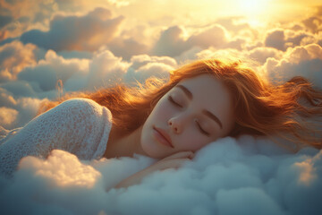 Wall Mural - A Beautiful Woman Sleeping on a Cloud Above a Tranquil Landscape at Sunset.