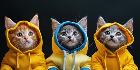 Three playful kittens wearing bright yellow and blue hoodies, ideal for whimsical illustrations or cartoon scenes