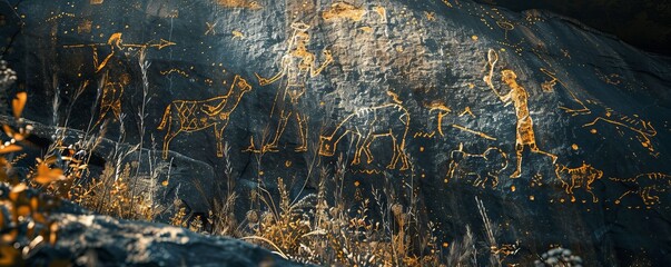 Ancient petroglyphs depicting human figures and hunting scenes, 4K hyperrealistic photo