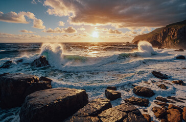 Dramatic seascape: ocean shore waves crashing on rocks with spray in the rays of the setting sun.