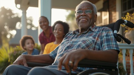 Senior man in wheelchair and family on porch