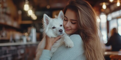 A woman is holding a white dog in her arms