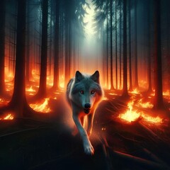 Wall Mural - 
a wolf running away from a forest being destroyed by fire 5