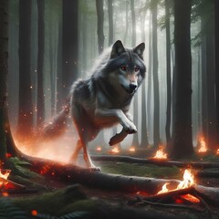 Wall Mural - 
a wolf running away from a forest being destroyed by fire 3