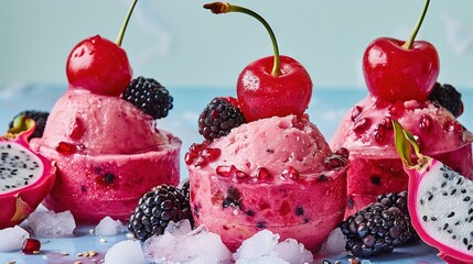 Poster -   A table topped with ice cream covered in berries and kiwis, with a cut-in-half dragon fruit on the side