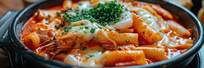 Close up of a tasty Seafood Cheese Tteokbokki dish Traditional Korean cuisine