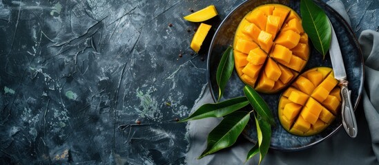 Wall Mural - Mango Slices on a Plate with Green Leaves