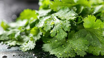 Poster -   A close-up of lush green foliage, adorned with dewdrops glistening on the leaves