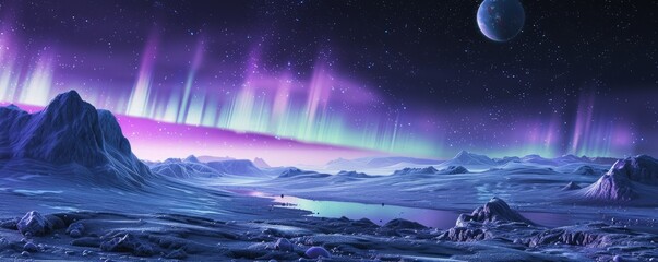 Wall Mural - aurora borealis on an alien planet, 4k hyperrealistic photo