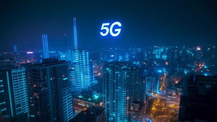 Poster - 3d animation of a night city with the inscription 5g against the background of skyscrapers