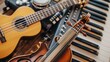 © Mars0hod - A collection of musical instruments, including a violin, guitar, and keyboard, arranged creatively on a wooden surface in a vibrant studio atmosphere