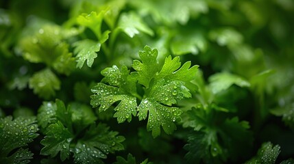 Canvas Print -   A close-up of a leafy plant, with water droplets on leaves The leaves are adorned with water droplets