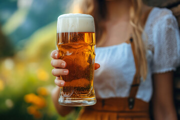 Wall Mural - Girl holding mug with cold fresh golden beer on beer garden pub. Alps mountain on background. Craft beer on glass on Oktoberfest, international beer day and St. Patrick's day celebration. Copy space.