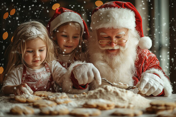 Wall Mural - Santa Claus baking cookies with children in a cozy kitchen setting, capturing the fun and festive atmosphere with bright natural lighting and holiday decorations.