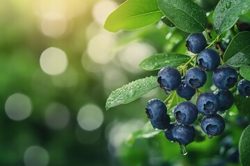 Fresh blueberries with dew drops on branch