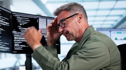 Wall Mural - Unhappy Sad Developer Programmer Man In Stress Coding Software