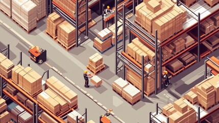 Poster - busy warehouse workers organizing boxes during midday in a large storage facility