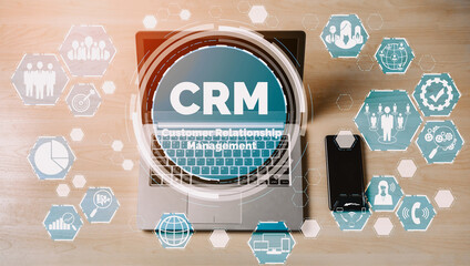 Wall Mural - CRM Customer Relationship Management for business sales marketing system concept presented in futuristic graphic interface of service application to support CRM database analysis. uds