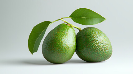 Two ripe avocados with leaves on light background. Studio food photography for design and print
