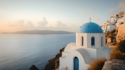 picturesque greek orthodox church with blue dome overlooking aegean sea