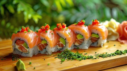 Poster -   A photo of sushi on a cutting board with close-up detail of the ingredients on top