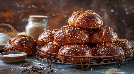 Poster -   A pile of sesame seed rolls on a wire rack, next to a sesame seed bowl and jar of salt