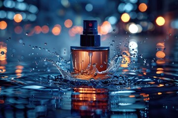 Perfume Bottle Splashing in Water with Bokeh Lights