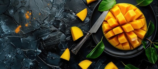 Sticker - Mango Slices on Black Plate with Green Leaves