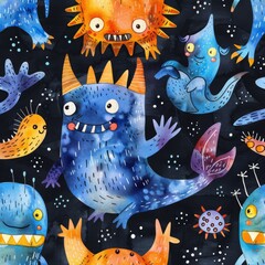 Poster - A seamless design of monster faces. Illustrations to be used on textile graphics, fabrics, and prints.