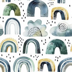 Poster - A seamless watercolor pattern decorated with hand painted rainbows, clouds, and doodles