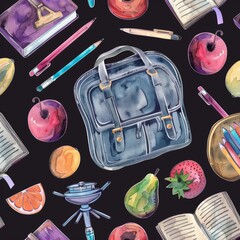 Wall Mural - School supplies, ruleres, paints, glasses, crayons, pens, brushes. A watercolor seamless pattern on black.