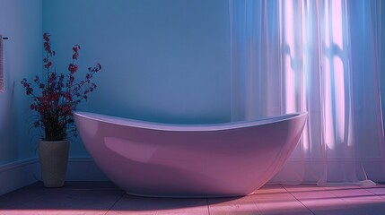 Poster -   A spacious bathroom featuring a bathtub and a lush plant in a secluded corner The room is illuminated through a beautifully curtained window behind the tub