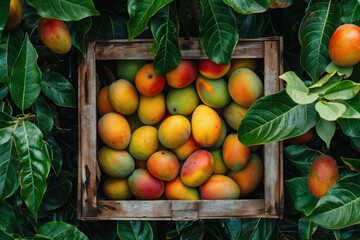 Sticker - Mangoes in Wooden Crate Surrounded by Lush Green Leaves