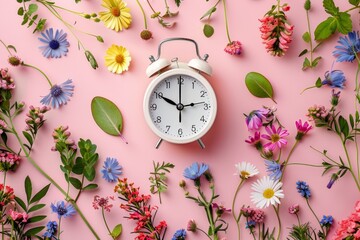 Poster - White alarm clock with pink and white flowers on a vibrant pink background, giving a spring and renewal vibe