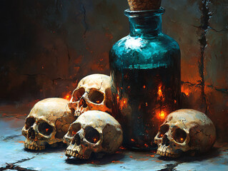 Gothic Still Life with Human Skulls, Ancient Books, and Mysterious Blue Bottle, Eerie and Macabre Dark Art for Horror and Fantasy Themes