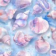 © Halina Berah - This seamless pattern features pink watercolor seashells on a blue background