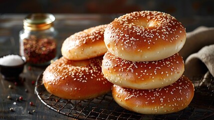 Poster -   A stack of bagels resting atop a wire stand near a jar of salt and a scoop