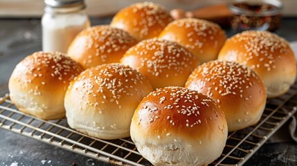 Poster -   A cooling rack with sesame seeds sprinkled on top of multiple buns arranged neatly in rows