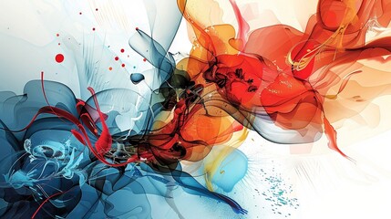 Sticker -   Abstract painting featuring a combination of red, orange, blue, and white flowers against a white background, including a splash of water