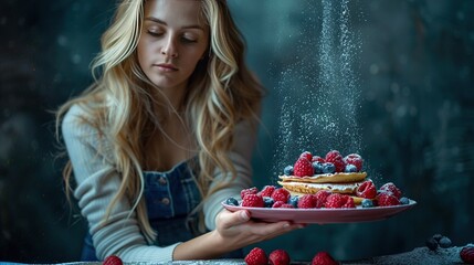 Poster -   A woman adds sugar to a cake with raspberries and blueberries on a pink plate