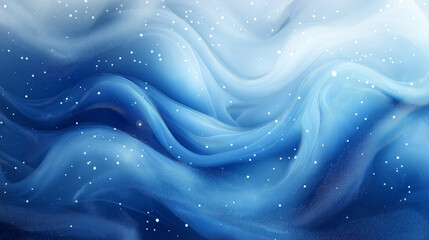 Abstract blue and white flowing waves with snowflakes. Winter background for holiday and seasonal designs
