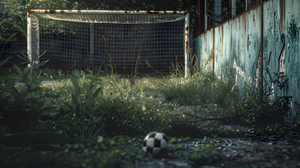 A soccer ball is sitting on the ground next to a goal